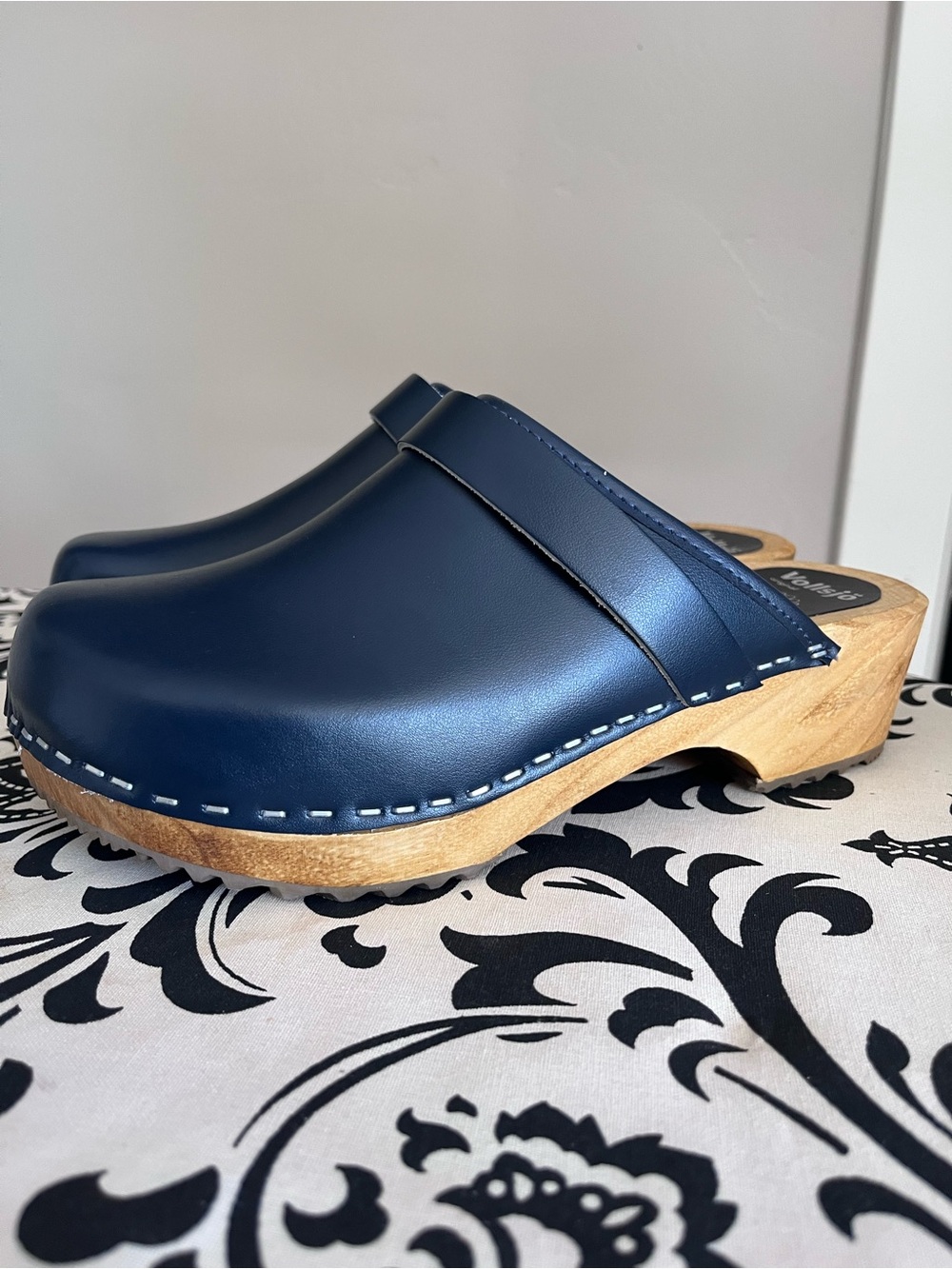 Vollsjo Navy Leather Clogs with Wooden Sole